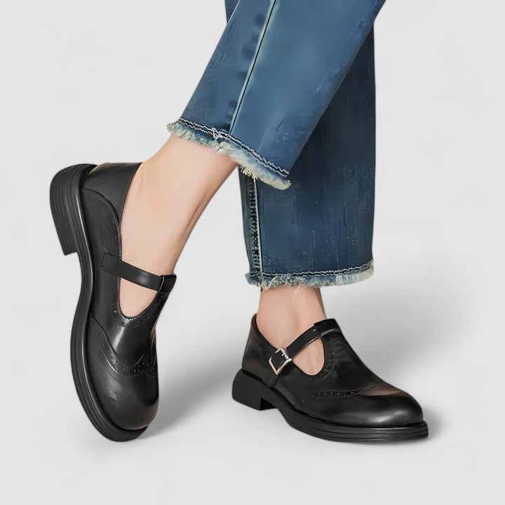 Louisa Classic Mary Jane Shoes For Women Premium Genuine Leather Comfort Buckle Strap Chunky Heel