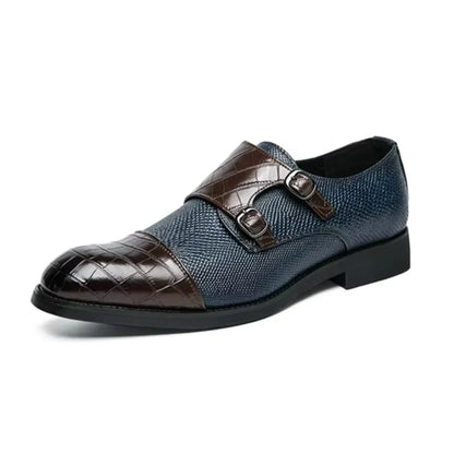 Rafe Astor Monk Strap Shoes Bold Design With Faux Reptile Texture Blue Panel Accents And Intricate Woven Detailing For Statement Style