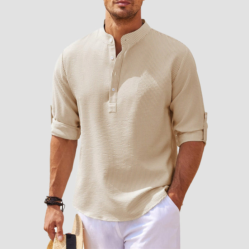 Mens Relaxed Fit Henley Shirt With Striped Band Collar Button Placket And Roll Tab Sleeves