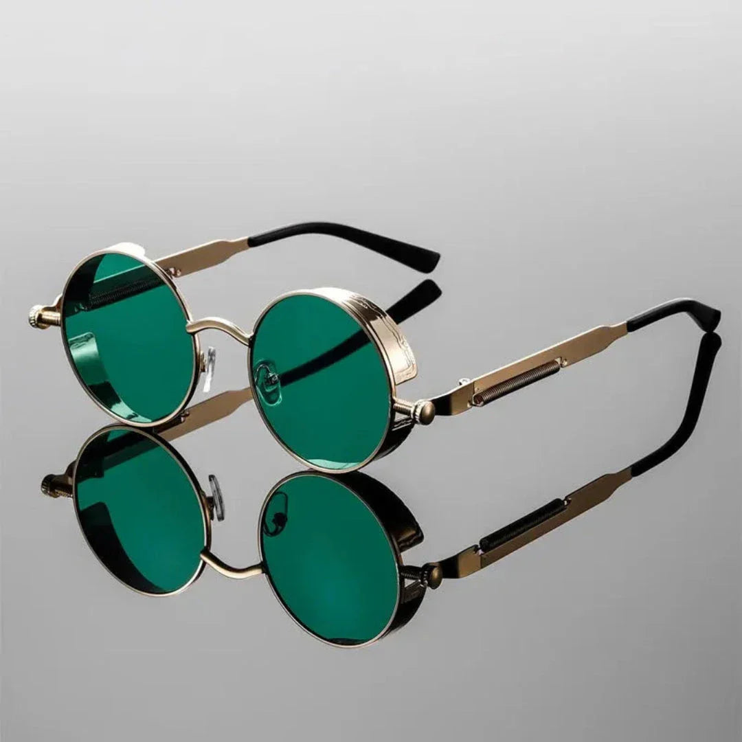 Raven Steampunk Round Sunglasses With Intricate Metallic Detailing Gold Frame For Bold Retro Look