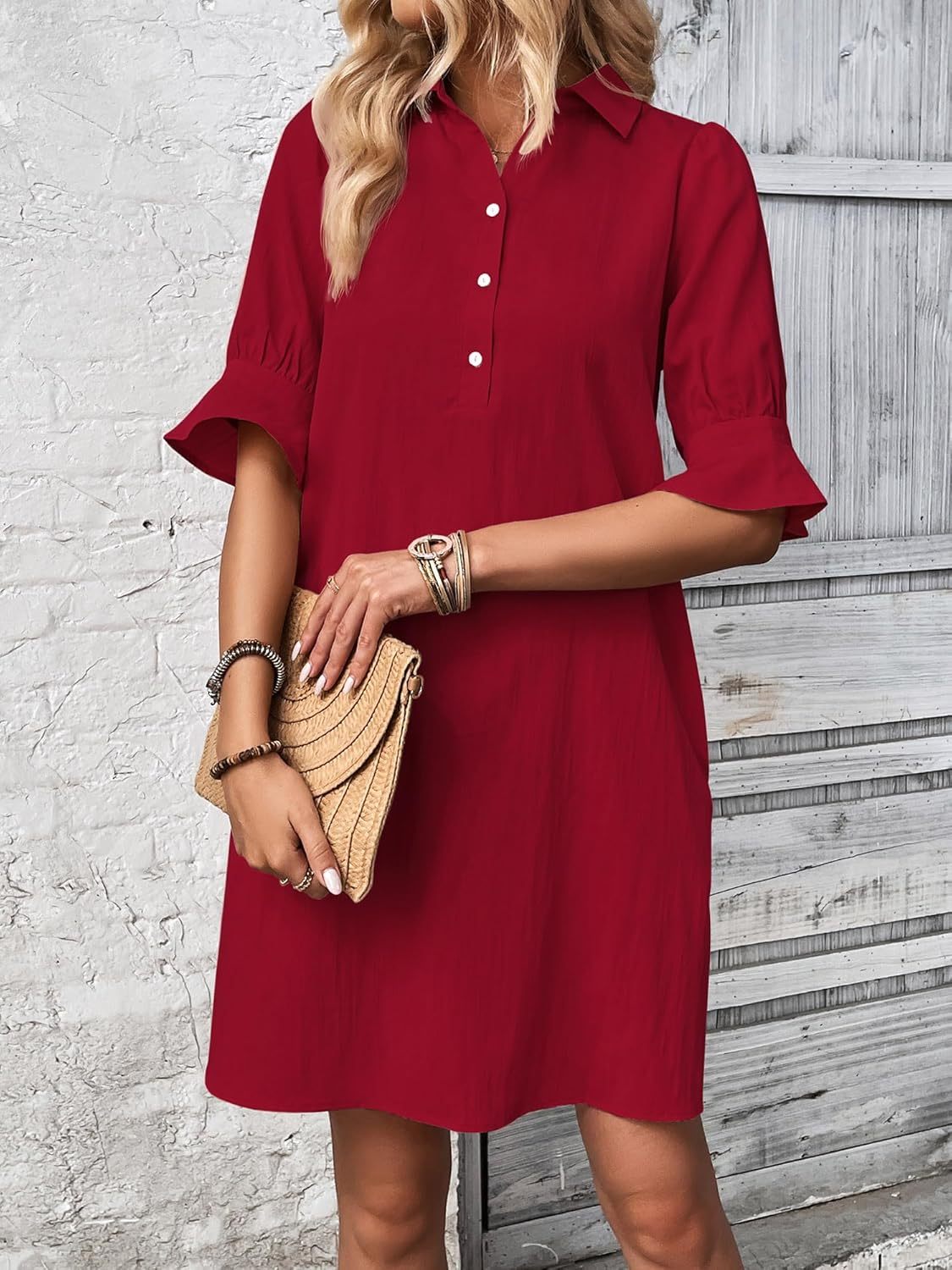 Women's Button-Down Shirt Dress with 3/4 Sleeves and Knee Length