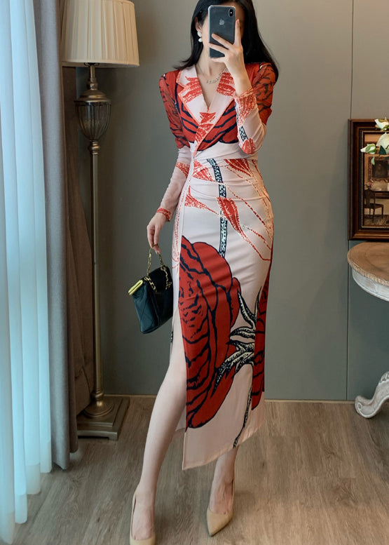 Robe portefeuille en tulle imprimé rouge, ouverture sur le côté, été - TrendAura