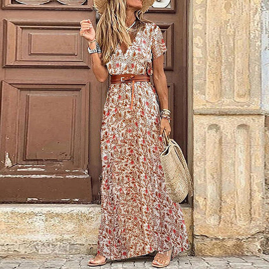 Women's Maxi Dress - V-neck - Short Sleeves - Fitted Waist - Side Slit - Elegant Design