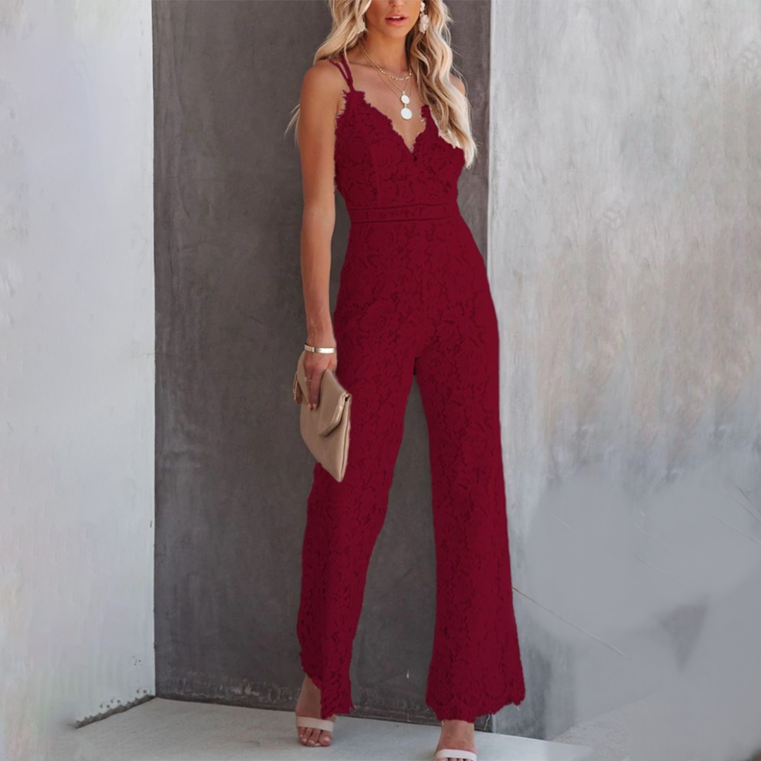 Women's Jumpsuit - Elegant Lace - V-neck - Thin Straps - Fitted Waist