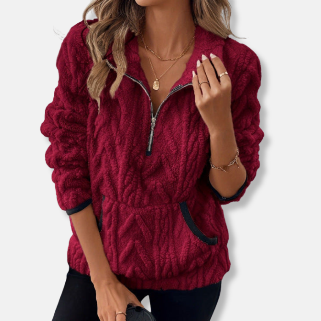 Women’s Pullover Sweatshirt - Fleece - Stand Collar - Half-Zip - Kangaroo Pocket