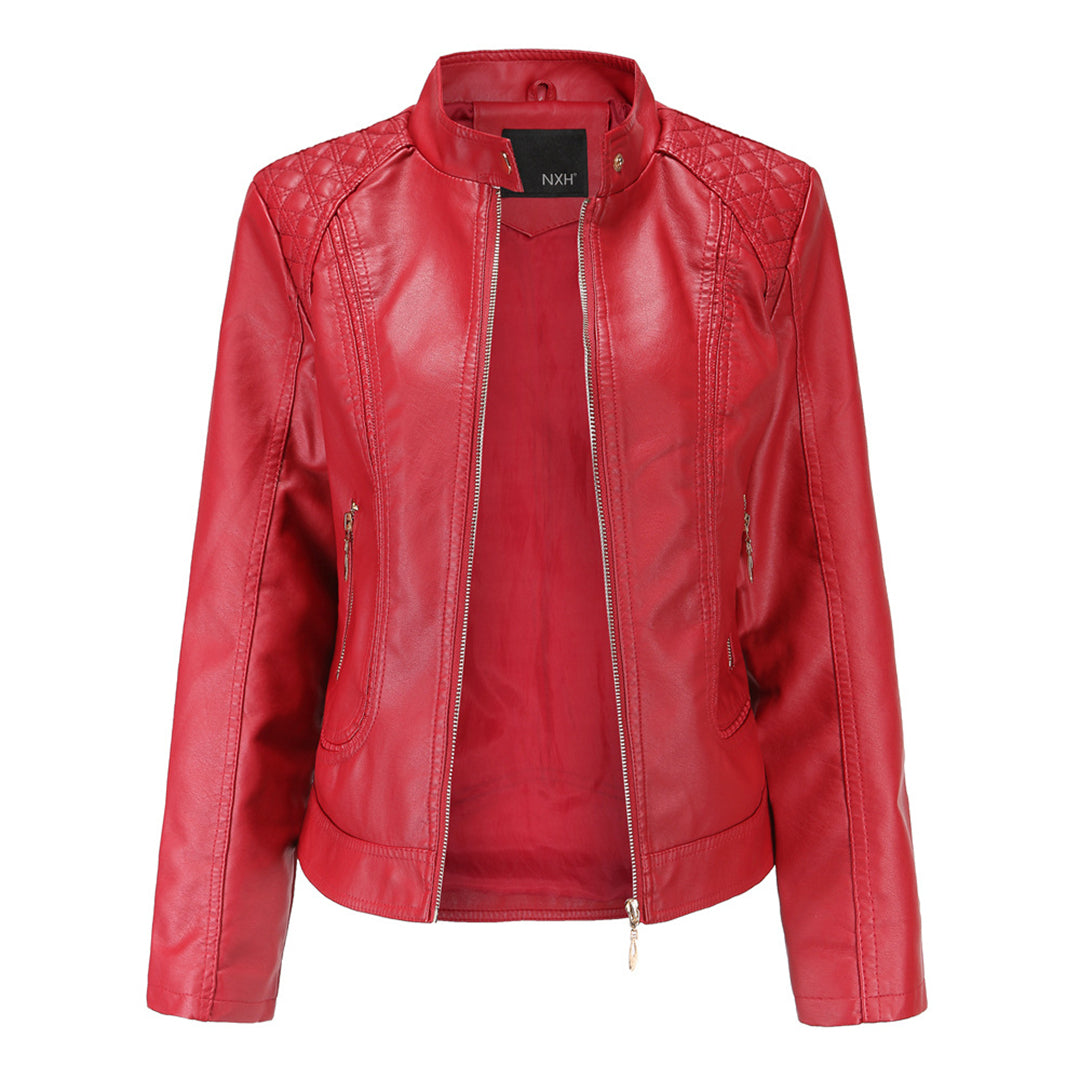 Women's high collar leather jacket