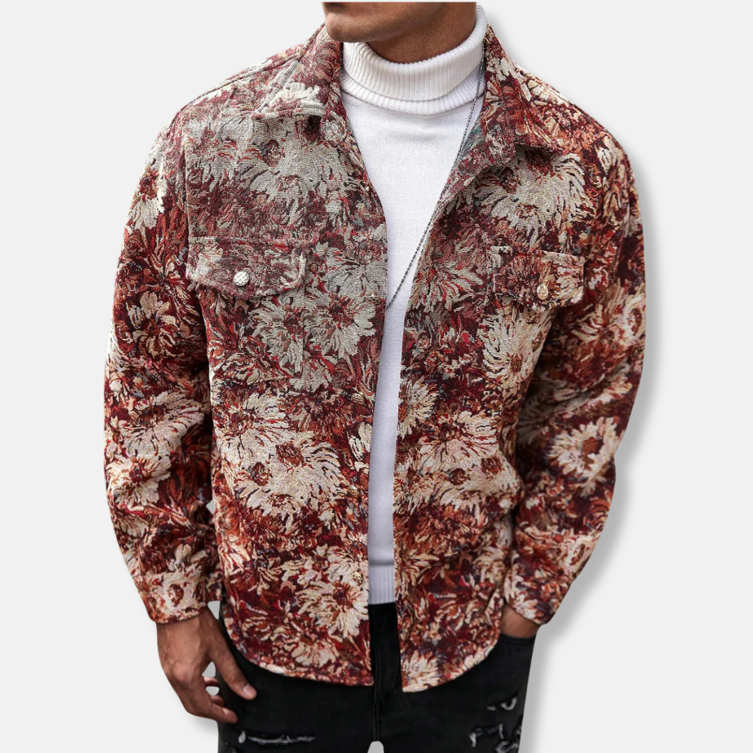 Mens Floral Jacquard Jacket With Woven Texture In Relaxed Fit Utility Style For Everyday