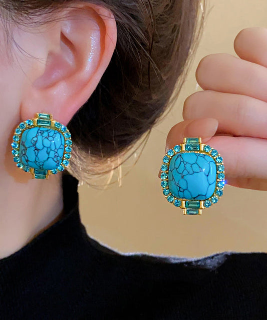 Boucles d'oreilles à tige rétro en alliage bleu incrusté de zircons turquoise - TrendAura