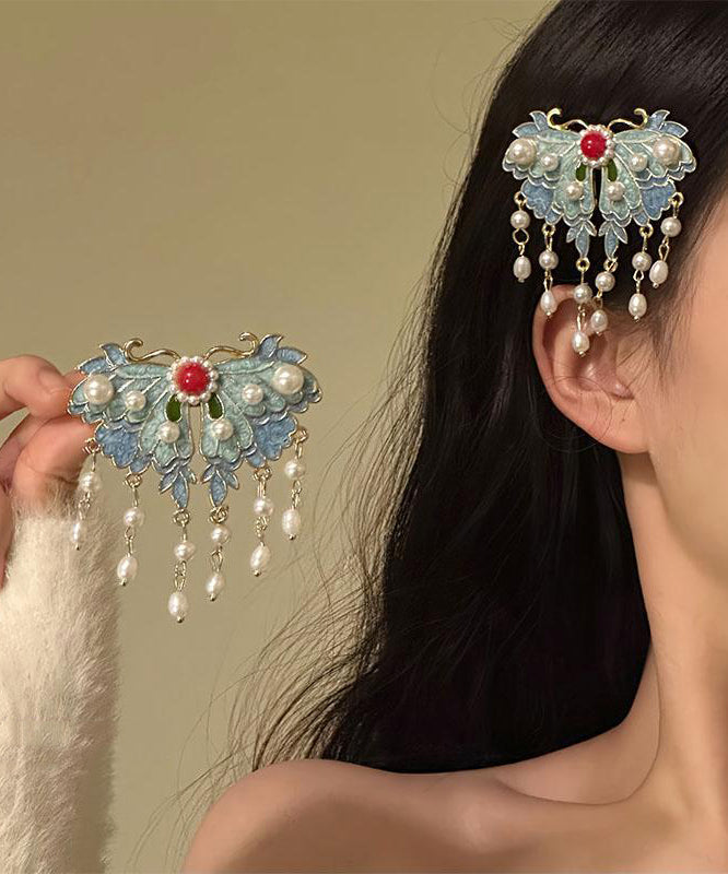 Épingle à cheveux papillon en alliage bleu rétro avec perles émaillées - TrendAura