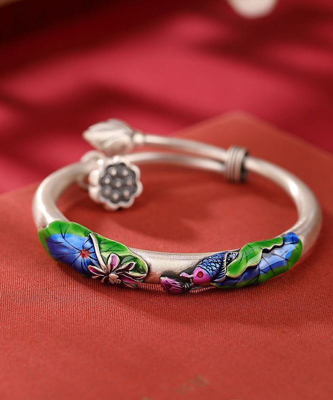 Manchette rétro en argent sterling cloisonné bleu avec motif de carpe de lotus - TrendAura