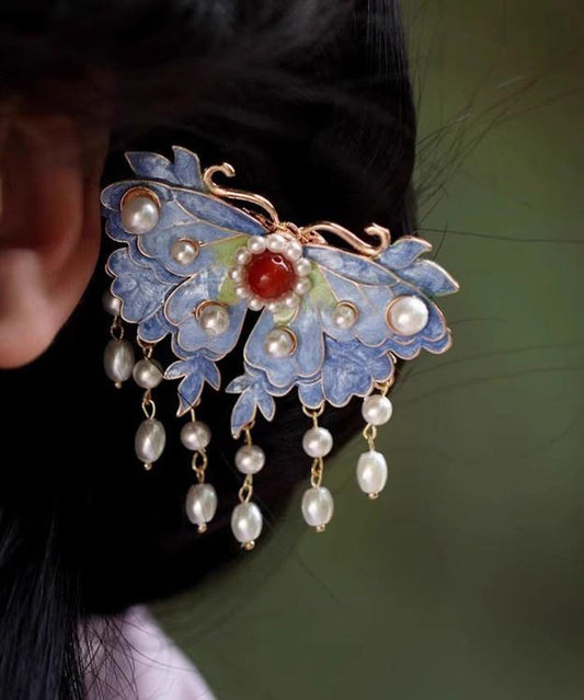 Épingle à cheveux rétro en argent sterling avec perles bleues et pompon en forme de papillon - TrendAura