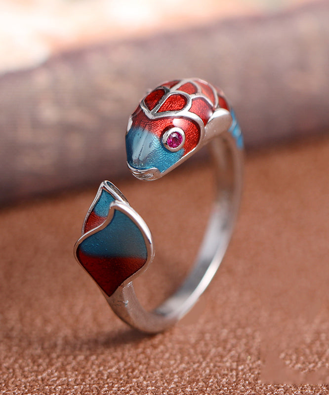 Bagues carpe ouvertes en argent sterling cloisonné à blocs de couleur rétro - TrendAura