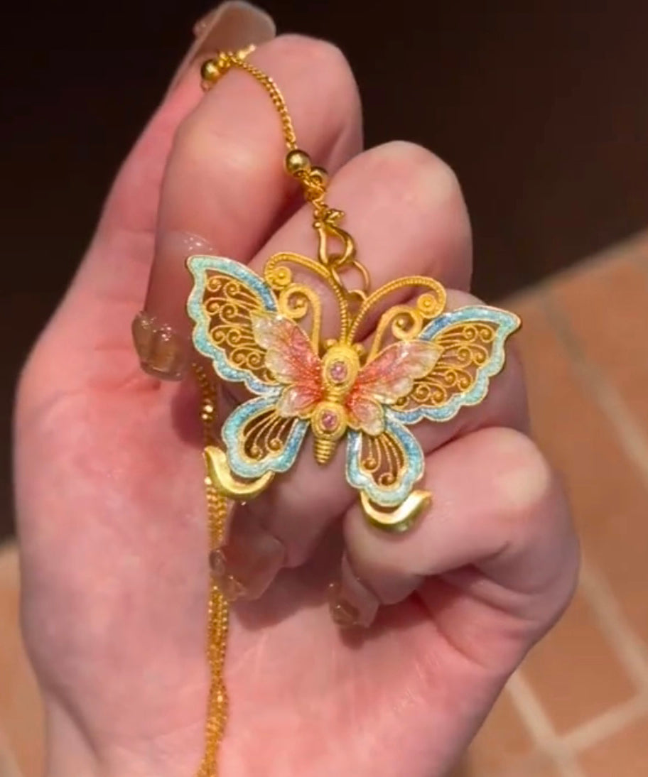 Collier pendentif papillon en émail doré rétro ancien - TrendAura