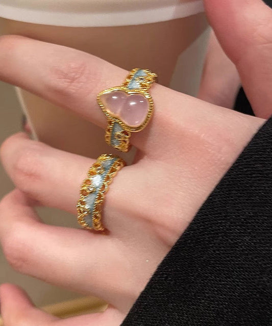 Ensemble de deux bagues ouvertes rétro en argent sterling doré et dentelle avec gourdes - TrendAura
