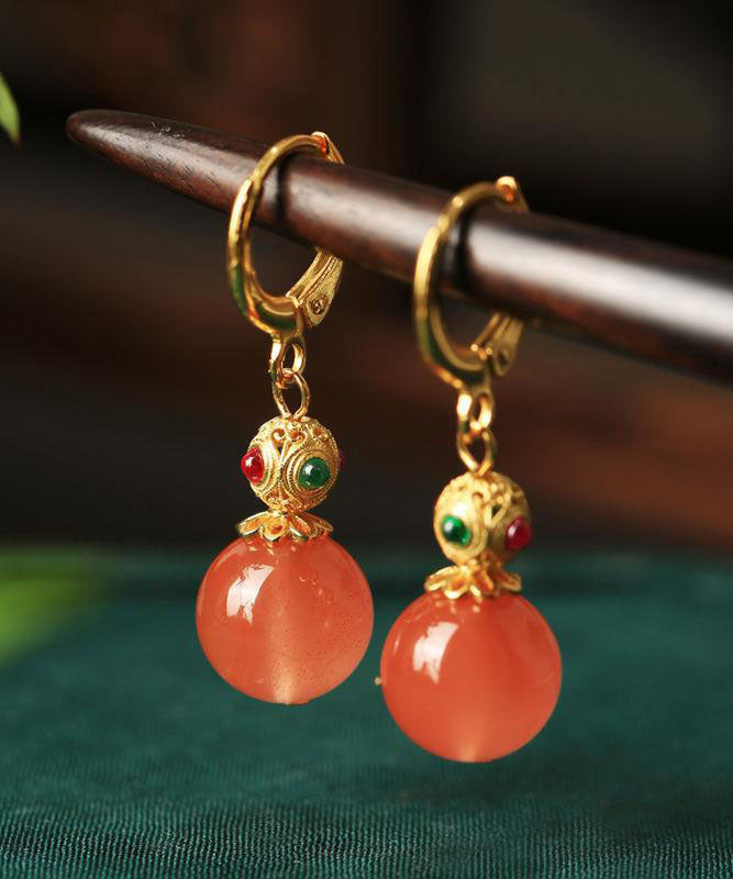 Boucles d'oreilles pendantes rétro en argent sterling doré, zircon et agate, forme calebasse - TrendAura