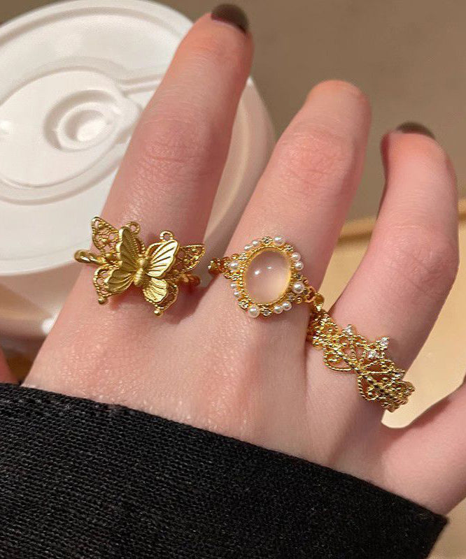 Ensemble de trois bagues rétro en argent sterling doré avec zircons ajourés en forme de papillon - TrendAura