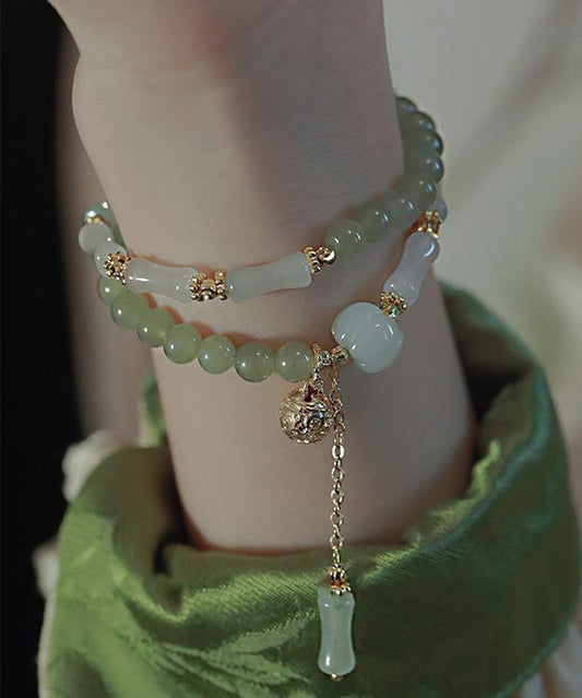 Bracelet à breloques double couche en patchwork de perles et de bambou rétro en métal doré - TrendAura
