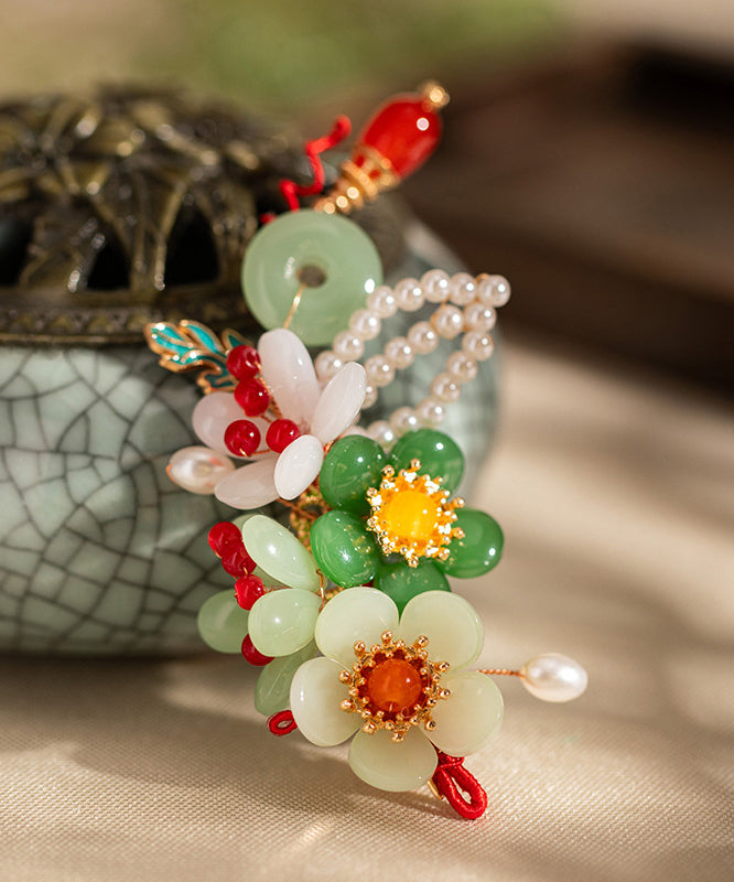 Épingle à cheveux rétro multicolore en alliage de jade et perles à pompon floral - TrendAura