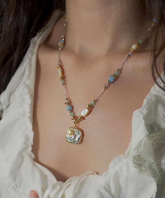 Collier pendentif asymétrique en alliage de perles arc-en-ciel rétro - TrendAura