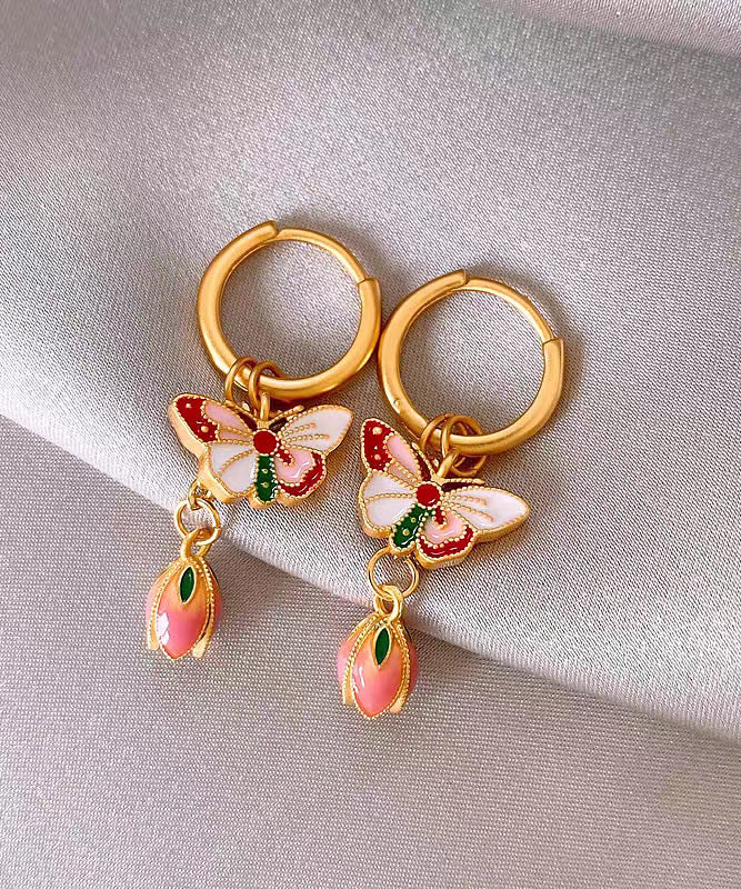 Boucles d'oreilles à tige rétro en alliage de cuivre et émail, motif papillon et fleurs arc-en-ciel - TrendAura