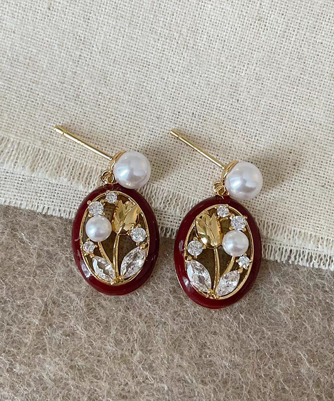 Boucles d'oreilles créoles tulipes rétro en alliage d'argent sterling rouge et zircon - TrendAura