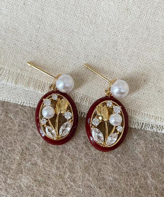 Boucles d'oreilles créoles tulipes rétro en alliage d'argent sterling rouge et zircon - TrendAura
