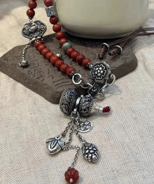 Collier rétro en argent sterling rouge avec pendentif à pampilles et cadenas Calabash Ruyi - TrendAura