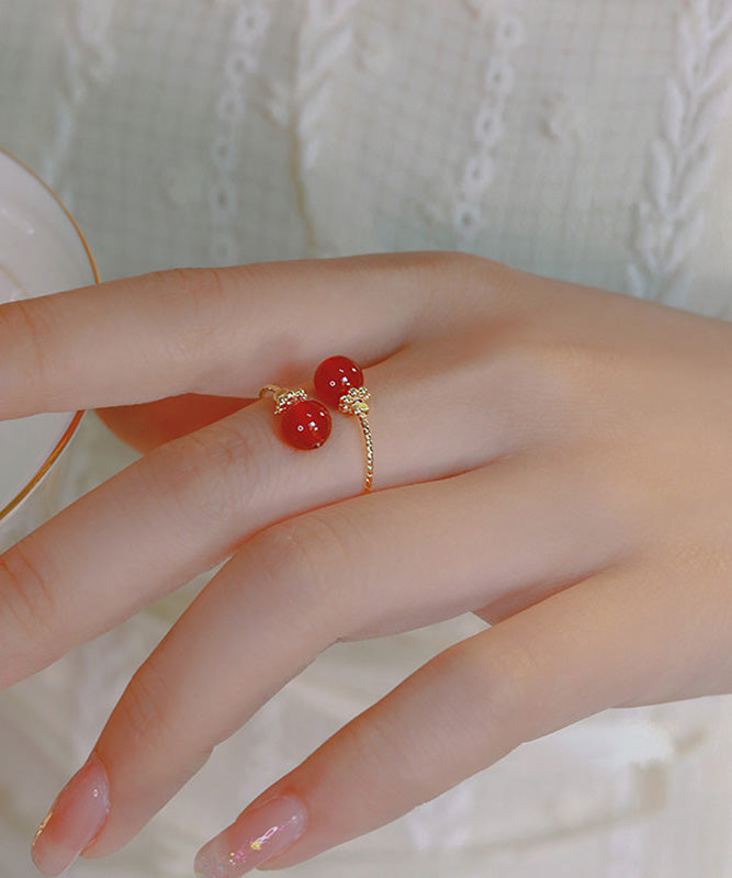 Bagues ouvertes rétro en argent sterling rouge avec agate surdorée - TrendAura