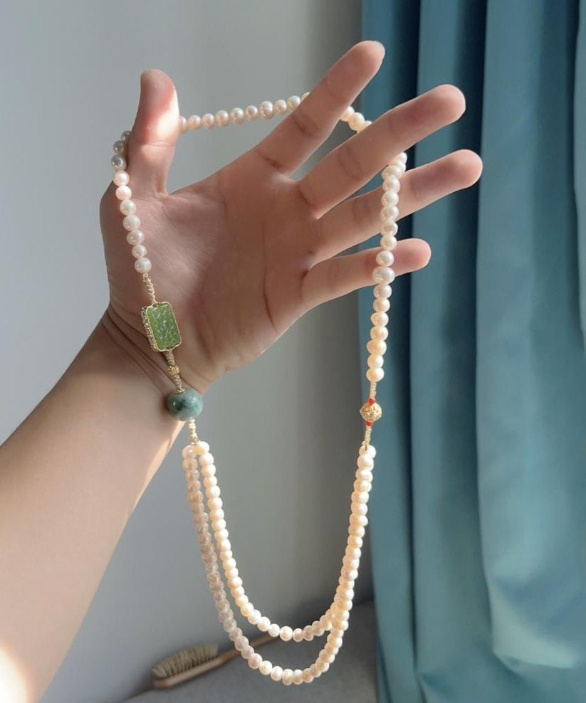 Collier rétro en alliage blanc avec perles de jade et perles graduées - TrendAura