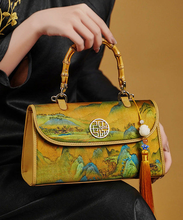 Sac fourre-tout en soie à imprimé jaune rétro décoré de pompons - TrendAura
