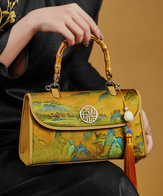 Sac fourre-tout en soie à imprimé jaune rétro décoré de pompons - TrendAura