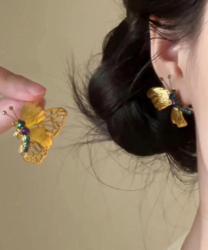Boucles d'oreilles à tige rétro en argent sterling jaune avec perles papillon surdorées - TrendAura