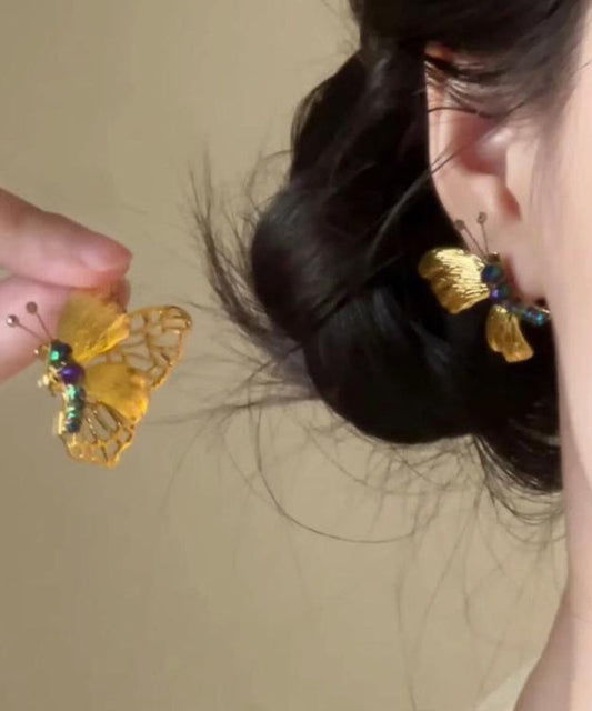 Boucles d'oreilles à tige rétro en argent sterling jaune avec perles papillon surdorées - TrendAura