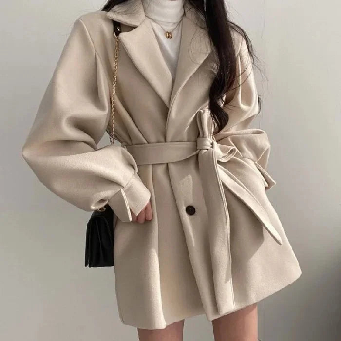 Retro wool coat women with belt and lantern sleeves