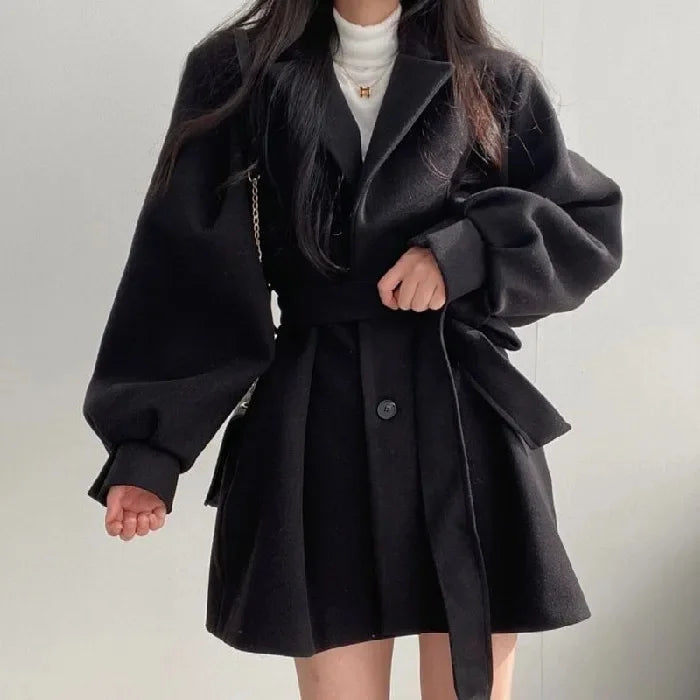 Retro wool coat women with belt and lantern sleeves