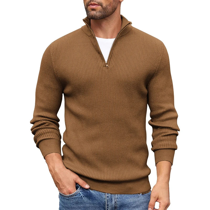 Men's Ribbed Knit Half Zip Collar Sweater Slim Fit Warm Pullover By TrendAura Casual Everyday Essential