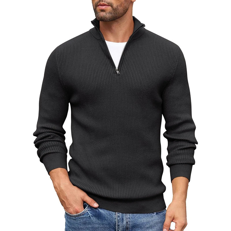 Men's Ribbed Knit Half Zip Collar Sweater Slim Fit Warm Pullover By TrendAura Casual Everyday Essential