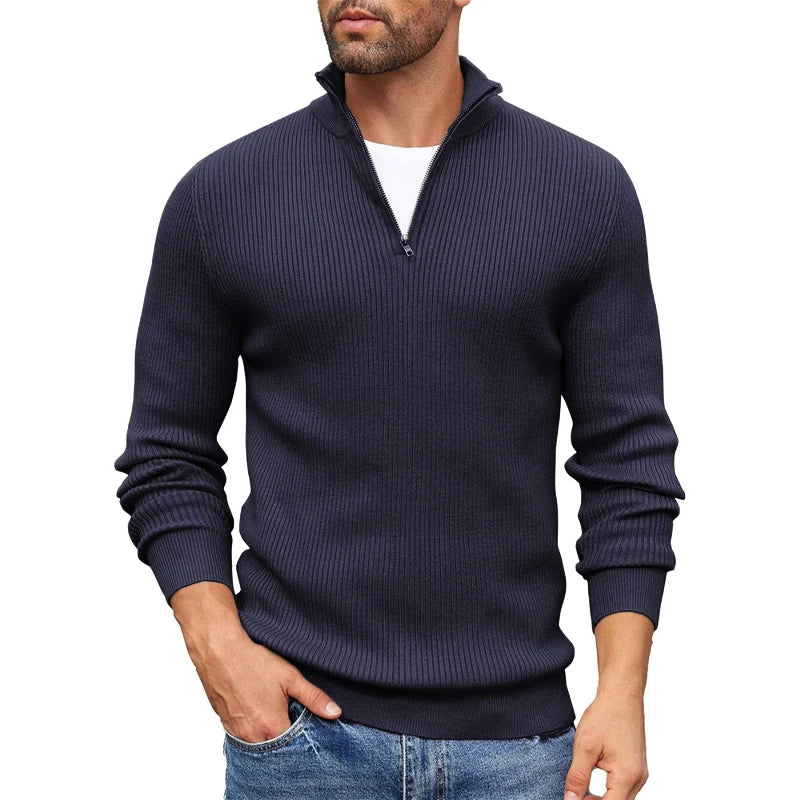 Men's Ribbed Knit Half Zip Collar Sweater Slim Fit Warm Pullover By TrendAura Casual Everyday Essential
