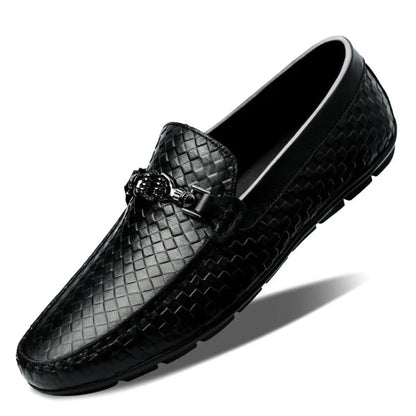 Riven White Cow Leather Loafers With Embossed Texture And Metallic Accent For Men Anti Slip Outsole