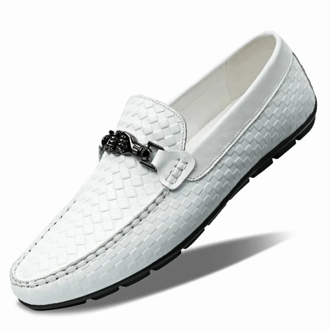 Riven White Cow Leather Loafers With Embossed Texture And Metallic Accent For Men Anti Slip Outsole