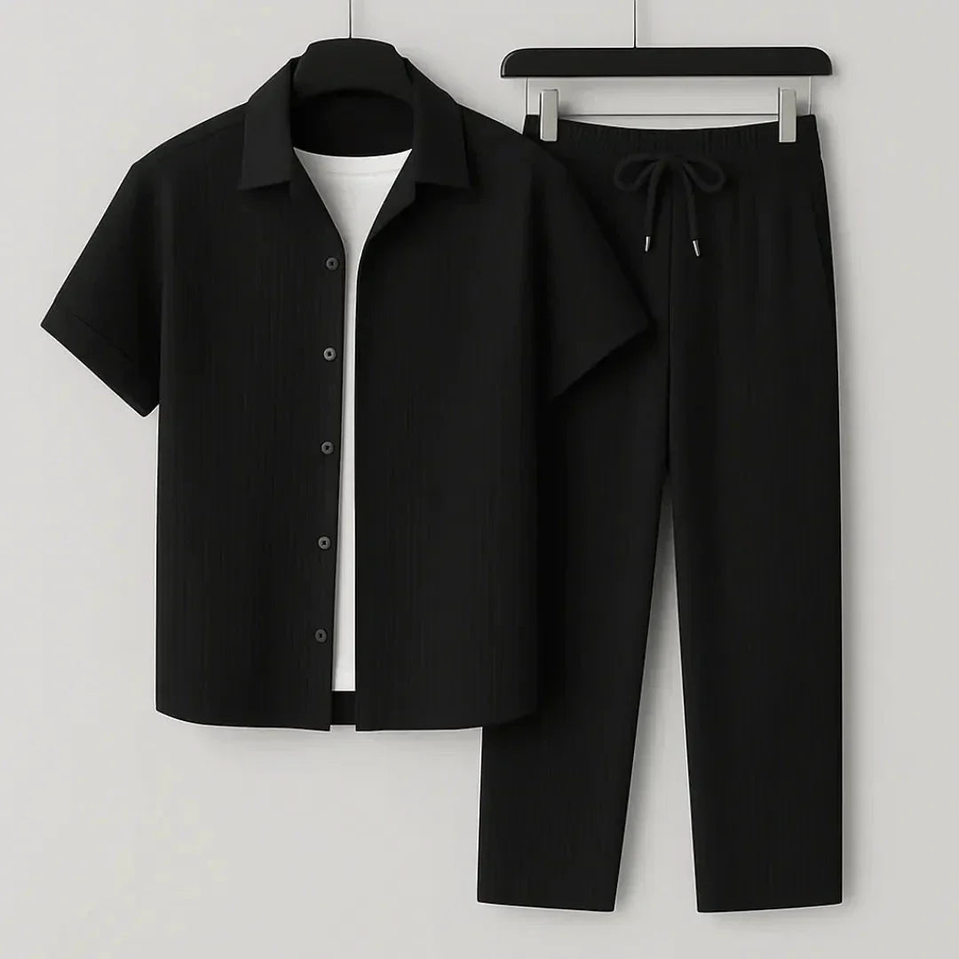 Riviera Summer Outfit Set With Crinkle Cotton Short Sleeve Button Up Shirt And Relaxed Fit Drawstring Pants Travel Ready