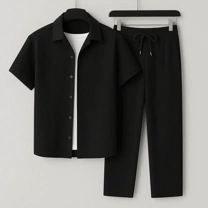 Riviera Summer Outfit Set With Crinkle Cotton Short Sleeve Button Up Shirt And Relaxed Fit Drawstring Pants Travel Ready