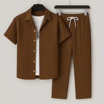 Riviera Summer Outfit Set With Crinkle Cotton Short Sleeve Button Up Shirt And Relaxed Fit Drawstring Pants Travel Ready