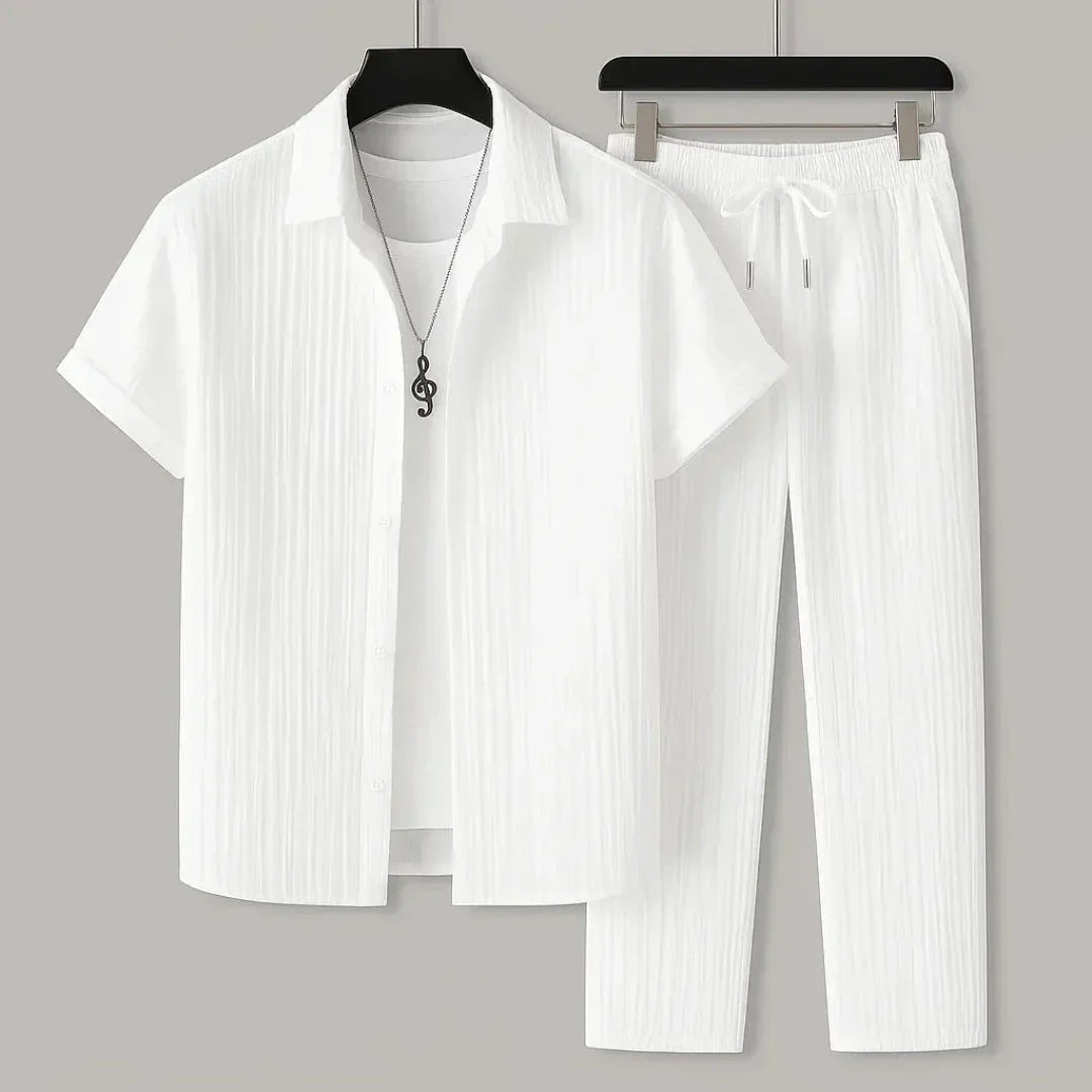 Riviera Summer Outfit Set With Crinkle Cotton Short Sleeve Button Up Shirt And Relaxed Fit Drawstring Pants Travel Ready