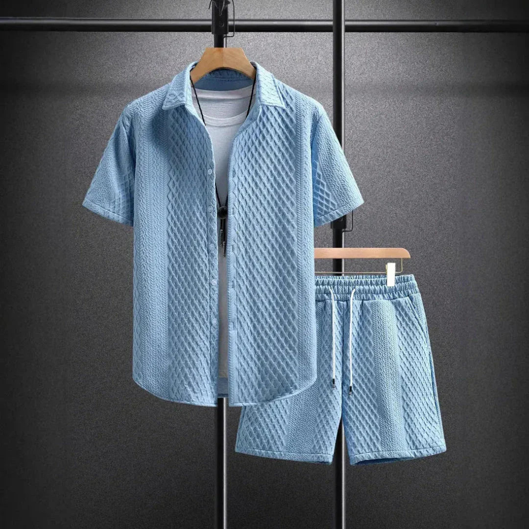 Mens Casual Summer Set With Textured Short Sleeve Shirt And Drawstring Shorts Breathable Beach Ready