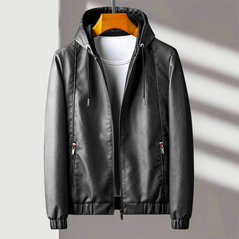 Men's Hooded Jacket With Faux Leather Look Regular Fit Full Zip Zippered Pockets