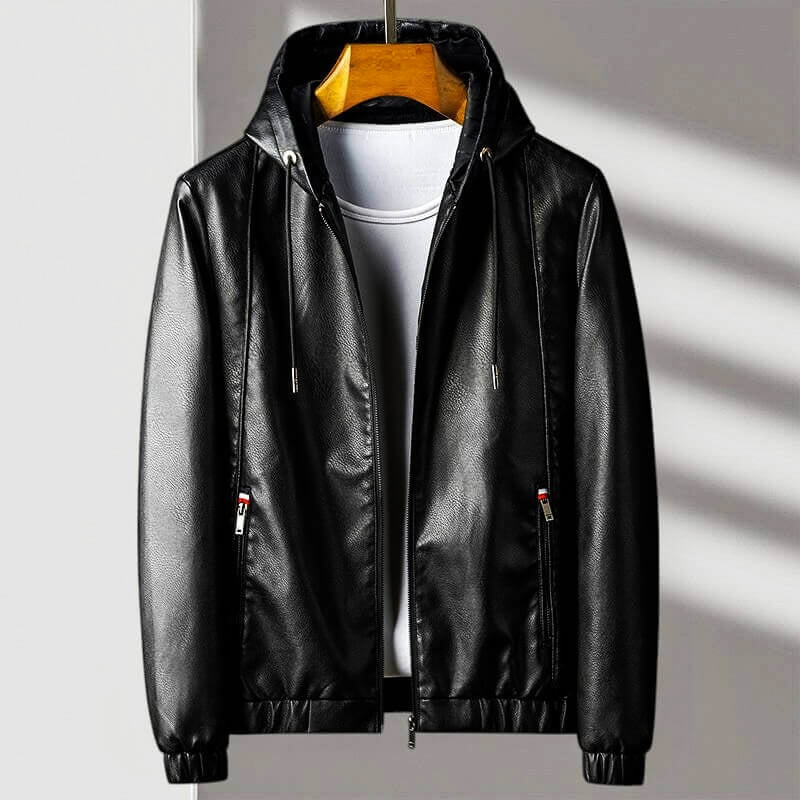 Men's Hooded Jacket With Faux Leather Look Regular Fit Full Zip Zippered Pockets