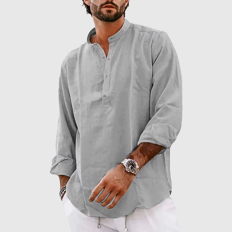Men's Linen Henley Shirt 100% Linen Relaxed Fit Stand Collar Long Sleeve Casual Top For Summer