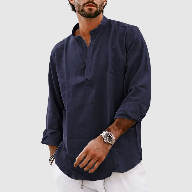 Men's Linen Henley Shirt 100% Linen Relaxed Fit Stand Collar Long Sleeve Casual Top For Summer