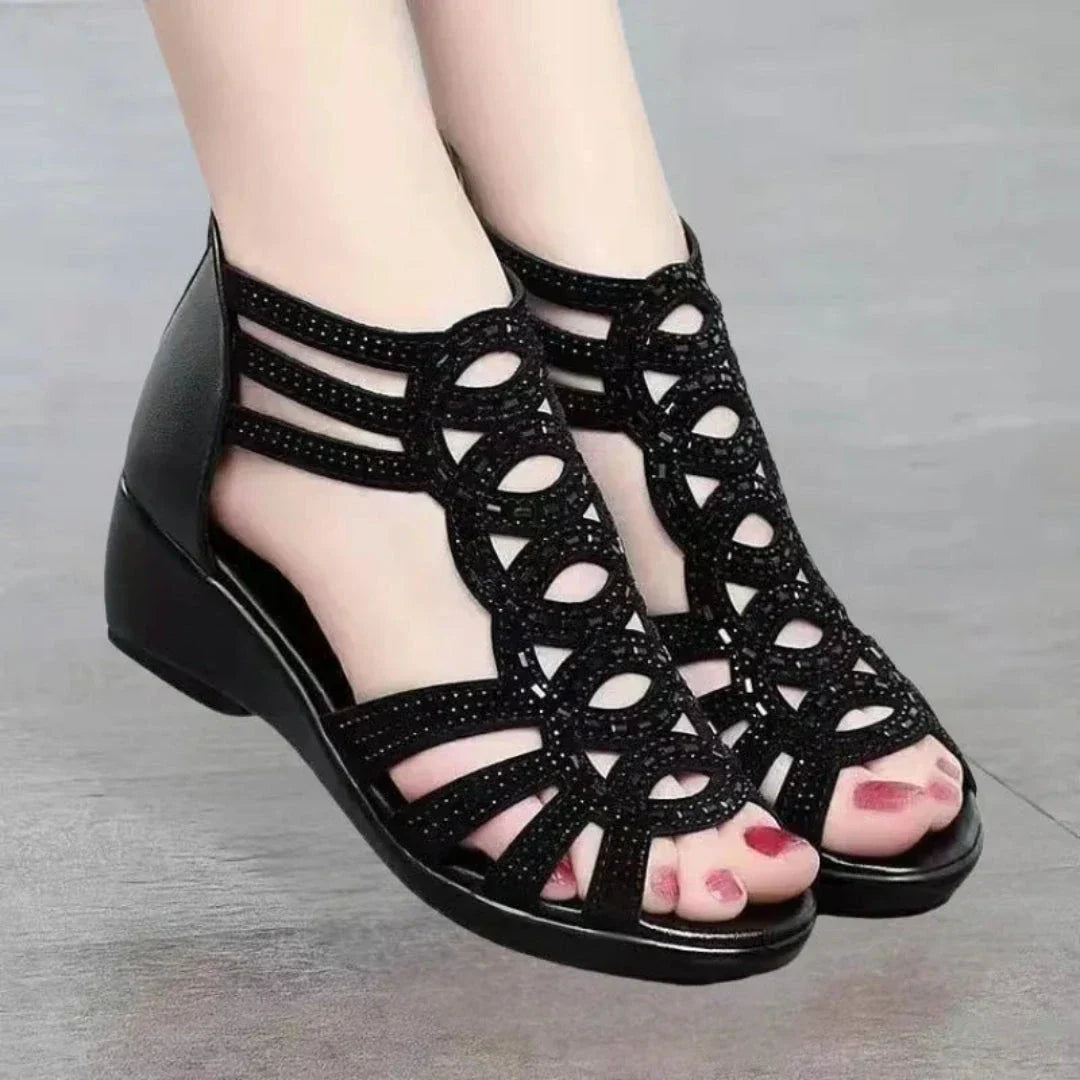 Rose Cut-Out Ankle Strap Wedge Sandal